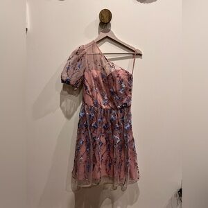 Chi Chi London One-Shoulder Embroidered Mini Dress in Pink Size 4